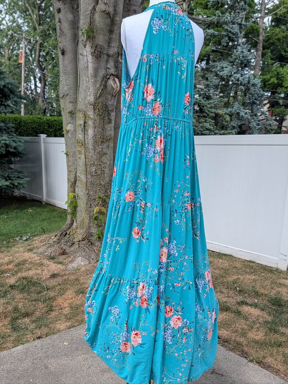 Maxi Dress Lauren Conrad Floral 100% Rayon Size XL Halter Top Sleeveless Teal - Picture 3 of 10